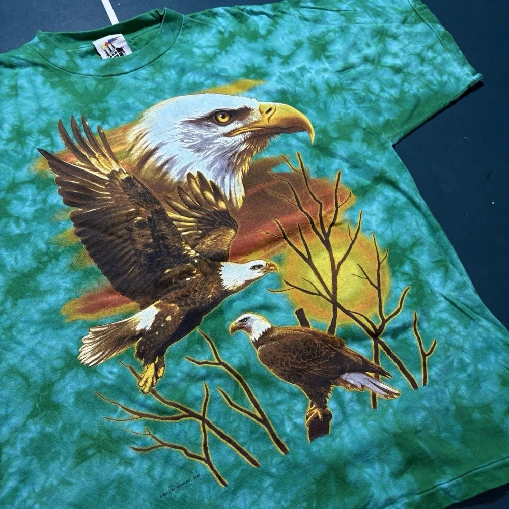 Vintage Bald Eagle All Over Print T-Shirt Size Large Single Stitch‎ Tie Dye 90s